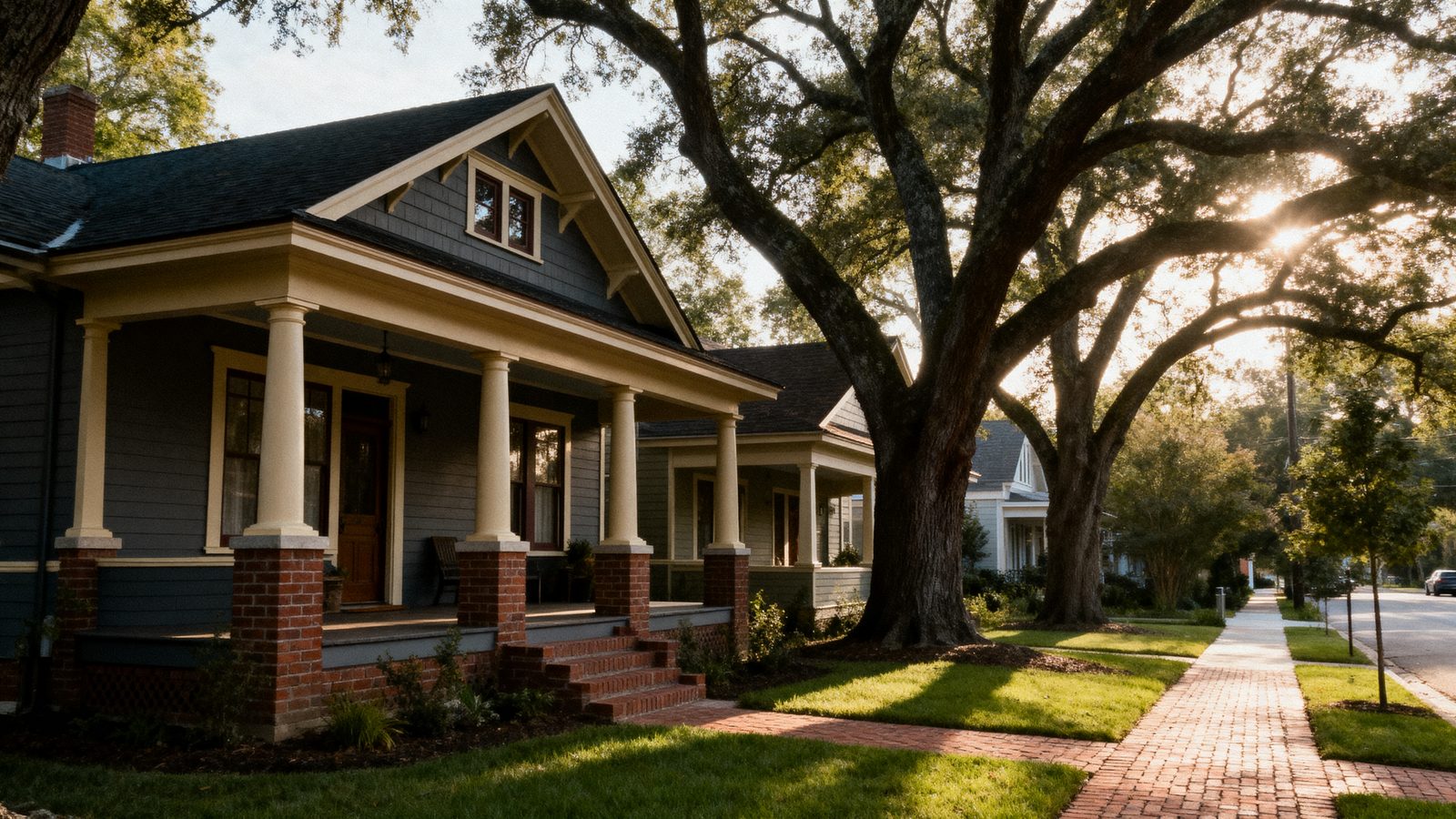 Restored 1920s craftsman bungalows under mature trees in Charlotte, North Carolina