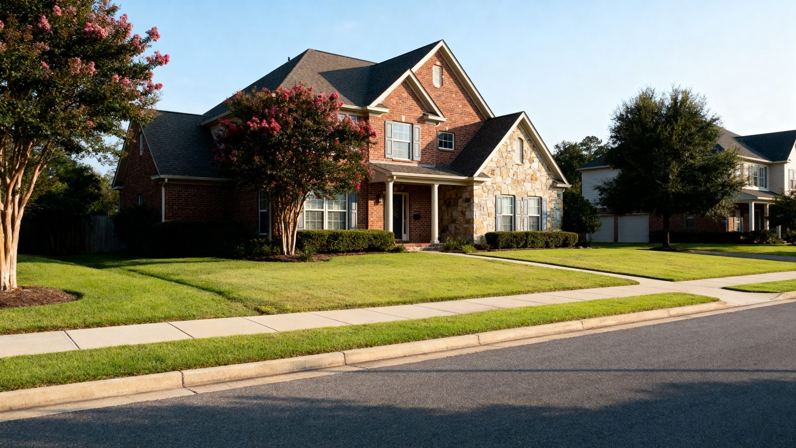 Large brick and stone homes with manicured lawns in Fort Mill, South Carolina