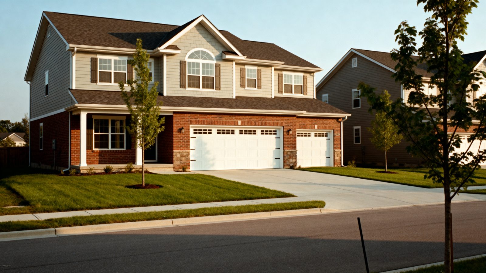 Newly built two-storey brick homes on a quiet street in Harrisburg, North Carolina