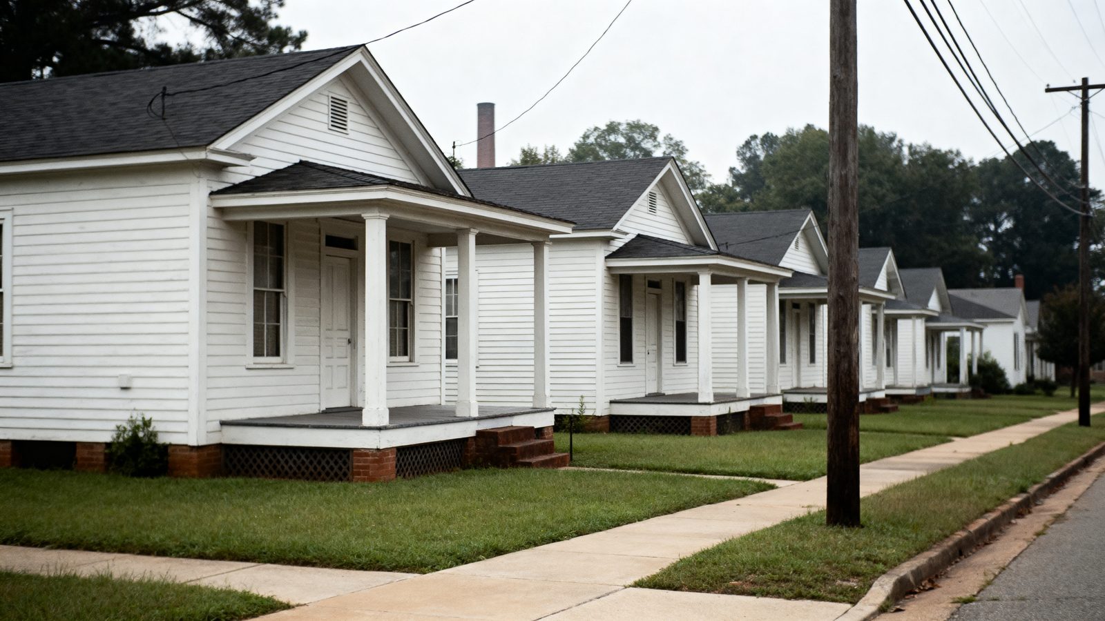 A row of white clapboard mill houses with small covered porches in Kannapolis, North Carolina