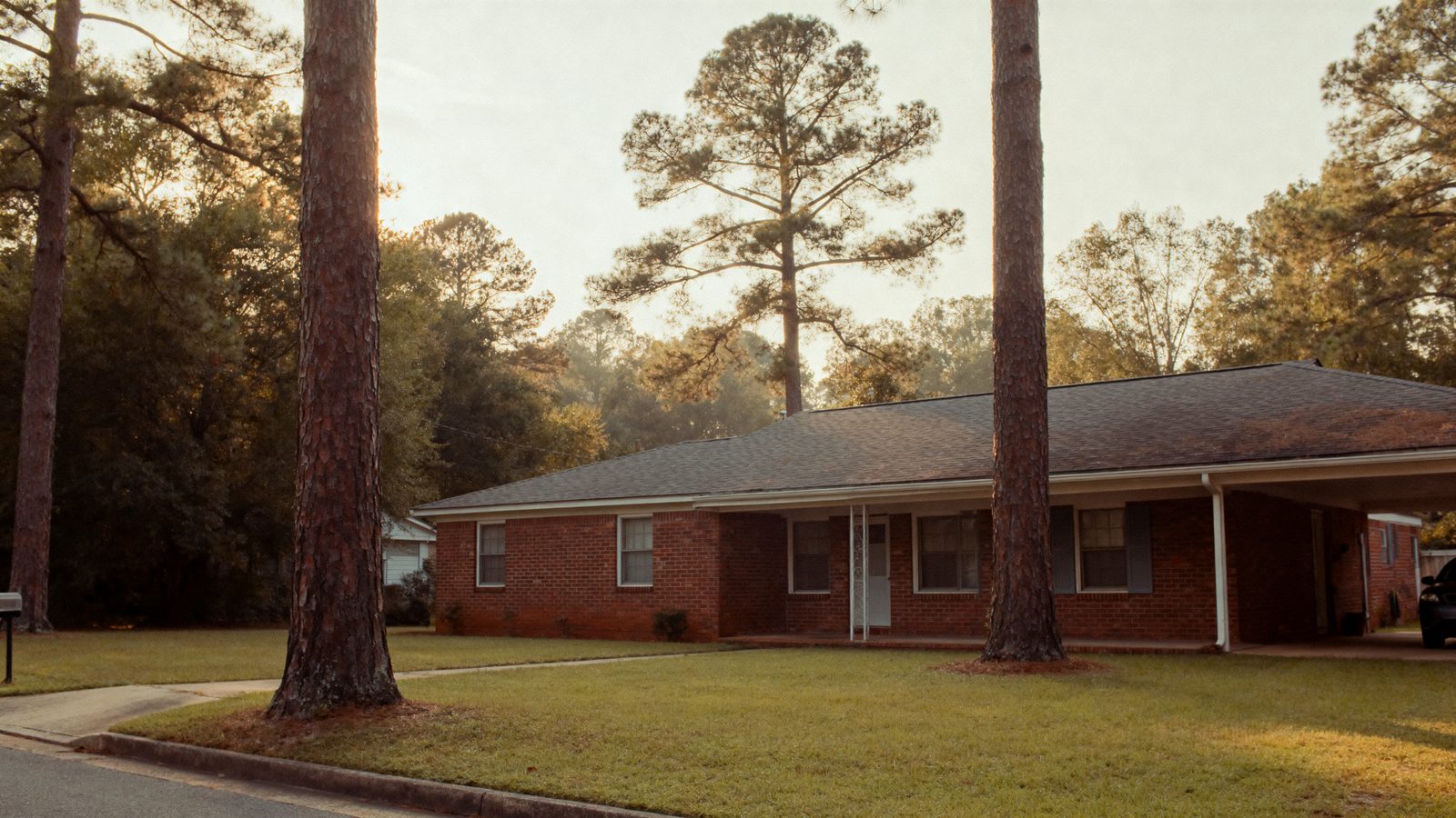 Mid-century brick ranch homes with wide lawns and pine trees in Rock Hill, South Carolina