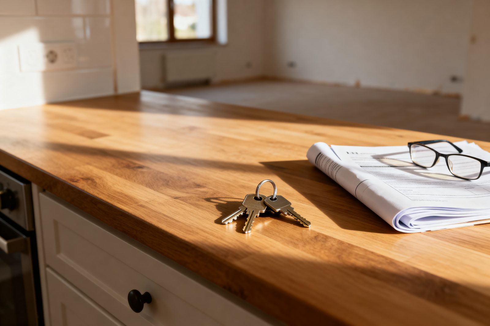 House keys and closing paperwork on a sunlit kitchen counter in an empty home