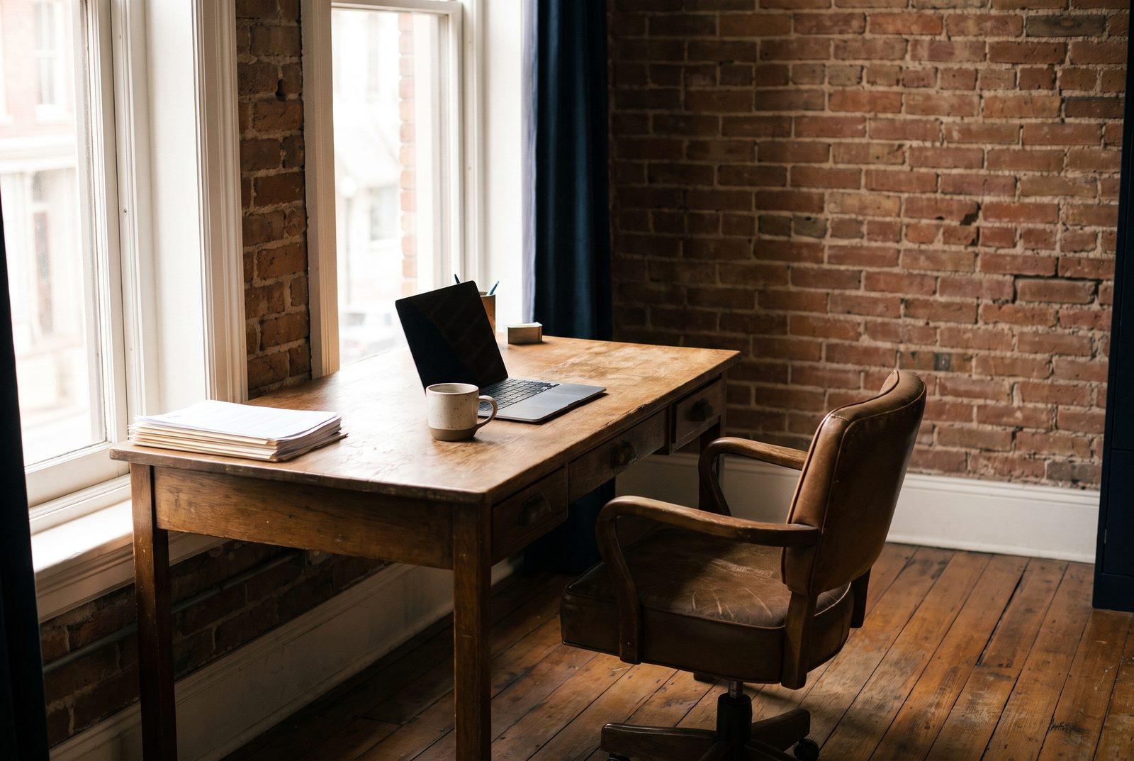 A wooden desk by a tall window against an exposed brick wall, with paperwork, a mug and a closed laptop